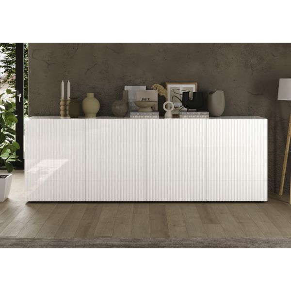Sideboard Home Affaire "Rio Breite 240 Cm, Kommode Mit 4 TüRen, Anrichte", Weiß (Weiß Hochglanz Lack, Front Mit Geriffelter Struktur), B:241Cm H:84Cm T:42Cm, Sideboards, Sideboard, Geriffelte Mdf-Fronten, Modern U. Elegant, Viel Stauraum-image