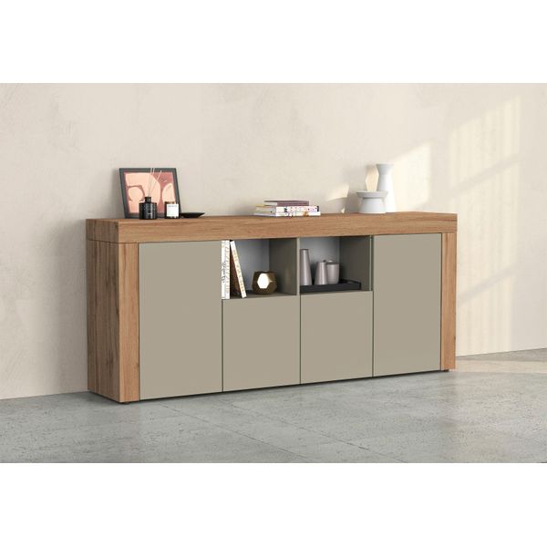Sideboard Otto Home "Chronos Breite 200 Cm Mit 4 TüRen, 2 Offene Und 8 Geschlossene FäCher", Taube Matt, Eiche Wotan, B:200Cm H:85Cm T:40Cm, Sideboards, Sideboard, Sideboard,Kommode, Schrank, Grifflos Mit Push To Open, Made In Italy-image