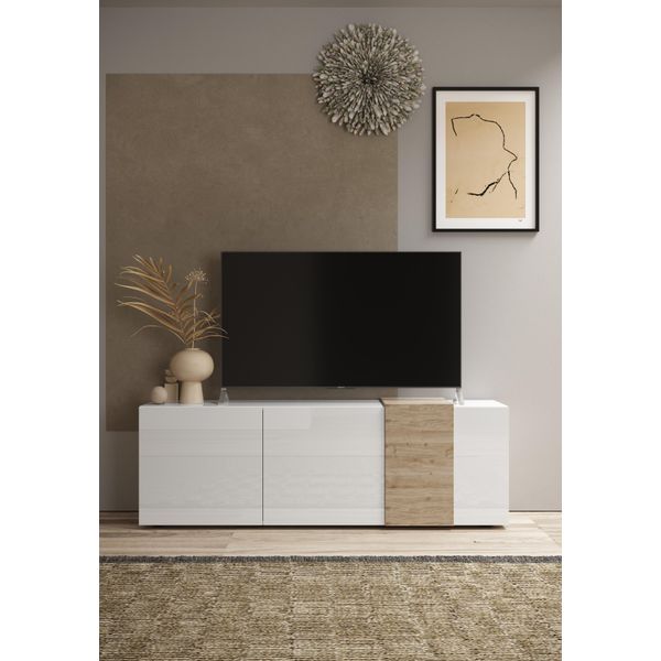 Lowboard Home Affaire "Venus, Tv-Bank", Weiß (Weiß Hochglanz Lack, Eiche Cadiz Nb), B:181Cm H:59Cm T:44Cm, Sideboards, Lowboard, Breite 181 Cm-image