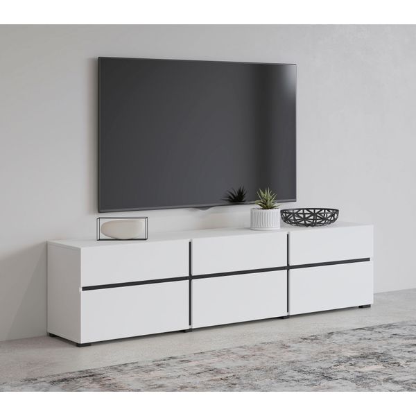Lowboard Otto Home "Cross, Moderne Grifflose Tv-Kommode,3 Klappen/3 SchubkäSten", Schwarz-Weiß (Weiß, Schwarz), B:180Cm H:48,2Cm T:40Cm, Sideboards, Lowboard, Breite 180 Cm, Tv-Schrank Mit Viel Stauraum, Tv-Board-image