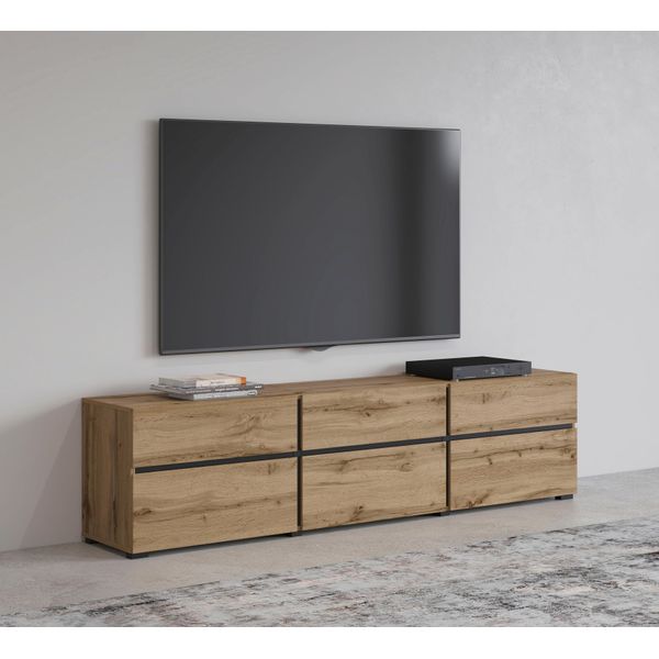 Lowboard Otto Home "Cross, Moderne Grifflose Tv-Kommode,3 Klappen/3 SchubkäSten", Braun (Wotan Eiche, Schwarz), B:180Cm H:48,2Cm T:40Cm, Sideboards, Lowboard, Breite 180 Cm, Tv-Schrank Mit Viel Stauraum, Tv-Board-image