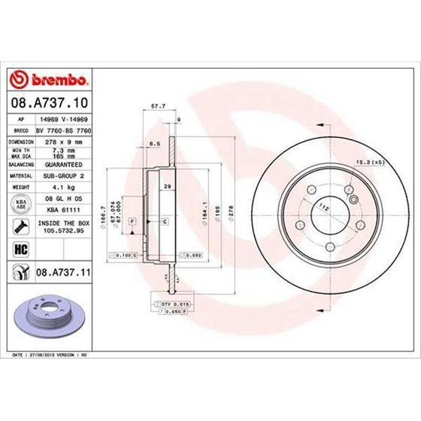 2X Brembo 08.A737.11 Disco Freno Asse Posteriore-image