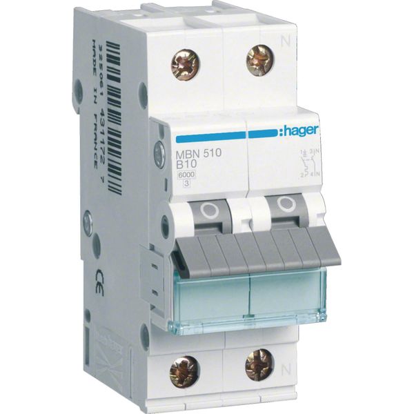 Interruttore Hager Ls 1P+N 6Ka B Caratteristica 10A 2 Moduli Hager MBN510-image