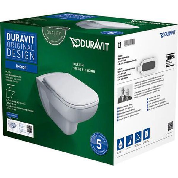 Duravit Wand-TiefspüL-Wc D-Code Set 355X540Mm SpüLrandlos Mit Wc-Sitz-image