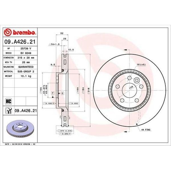 2X Disco Freno Brembo 09.A426.21 Per Volvo V70 Iii (135) V60 (155 157) 52Mm-image
