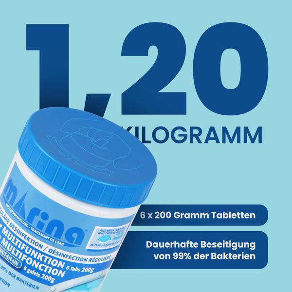 Marina Chlor Multitabs 200G - Pastiglie Per Piscina - Pastiglie Di Cloro ( 1 X 1,2Kg ) Multifunzione 5 In 1 - Per Piscine Da 25M³-image