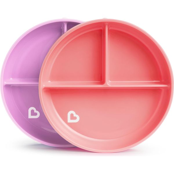 Munchkin Stay Put Piatti Divisi| Set Di Piatti Divisi Per Bambini| Piatto Per Neonati E Bambini Con Scompartimenti|Piatto Di Aspirazione Per Bambini Di 6 Mesi E Oltre|Piatto Senza Bpa|Piatto Per Lo Svezzamento Dei Bambini|2 Confezioni|Rosa/Viola-image