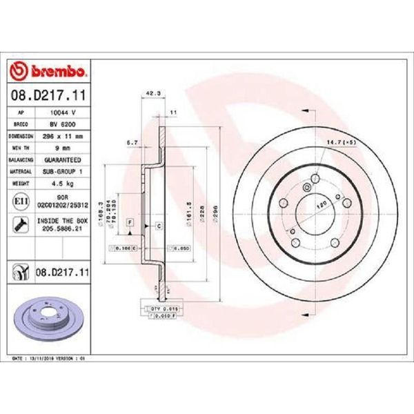 2X Disco Freno Brembo 08.D217.11 Per Honda Civic Ix (Fk) 42Mm 296Mm-image