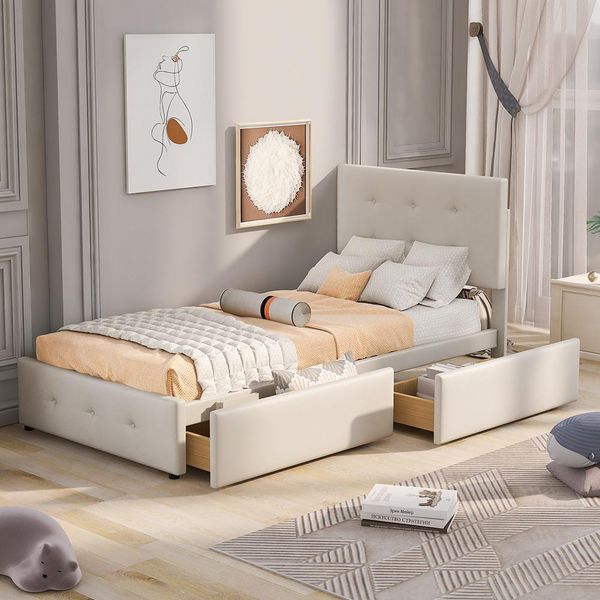 Letto Singolo Imbottito Sweiko Con Testiera Regolabile E 2 Cassetti, Con Rete A Doghe, Velluto, 90 X 200 Cm Beige-image