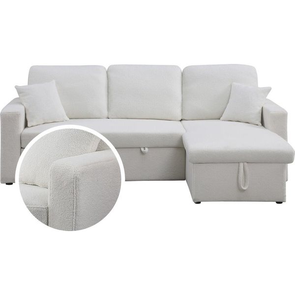 Divano Angolare Reversibile Con Funzione Letto E Contenitore "Alain"" - 3 Posti - Tessuto Bouclé - Bianco"-image