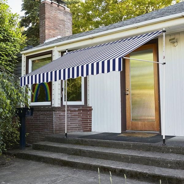Fiqops Tenda Da Sole Per Balcone Braccio Pieghevole Tenda Da Sole A Pinza Tenda Da Sole Per Balcone 4M, Blu E Bianco-image
