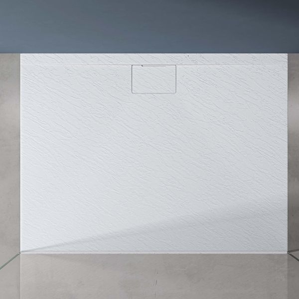 Doporro Piatto Doccia Rettangolare 100X120 Cm In Resina Minerale Bianco Effetto Pietra, Ultrasottile H 3 Cm, Scarico Laterale Con Piletta Inclusa šC Geoma07-image