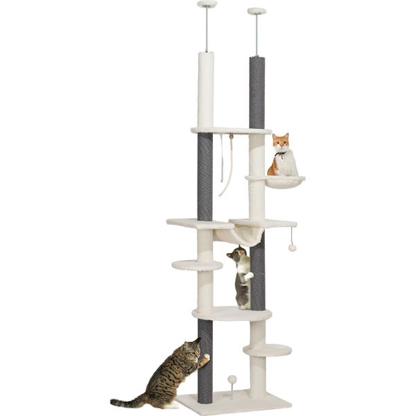 Pawhut Tiragraffi A Soffitto, Albero Per Gatti, 225-255 Cm Tiragraffi Per Gatti Con Amache, Tiragraffi, Cesto, Palla Da Gioco, Mobili Per Gatti Con Protezione Antiribaltamento, Bianco-image