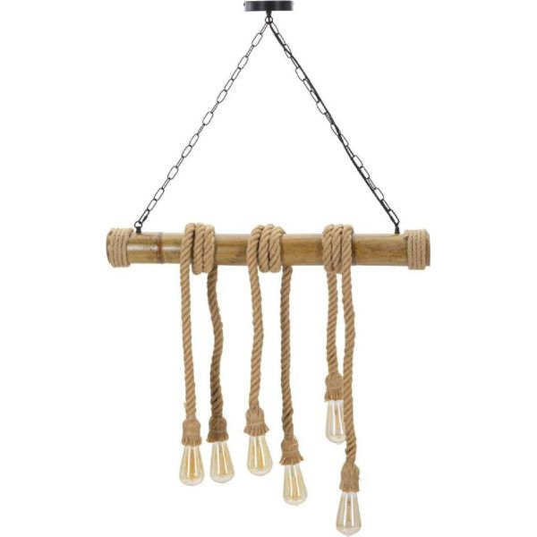 Mauro Ferretti Plafoniera Corda Di Bambù 6 Luci E27 80X15X120 Cm Marrone-image