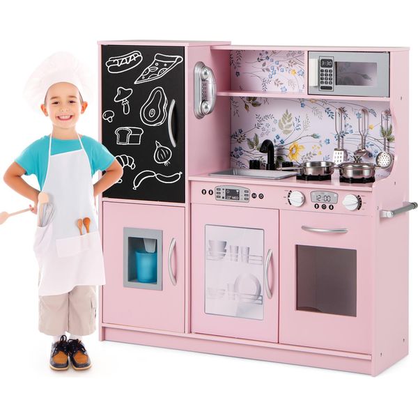 Cucina Per Bambini Costway, Cucina Da Gioco Per Bambini Con 10 Accessori Da Gioco, Lavagna, Microonde, Gelatiera, Lavastoviglie E Forno, Cucina In Legno Per Bambini 3+ Bianca E Rosa-image