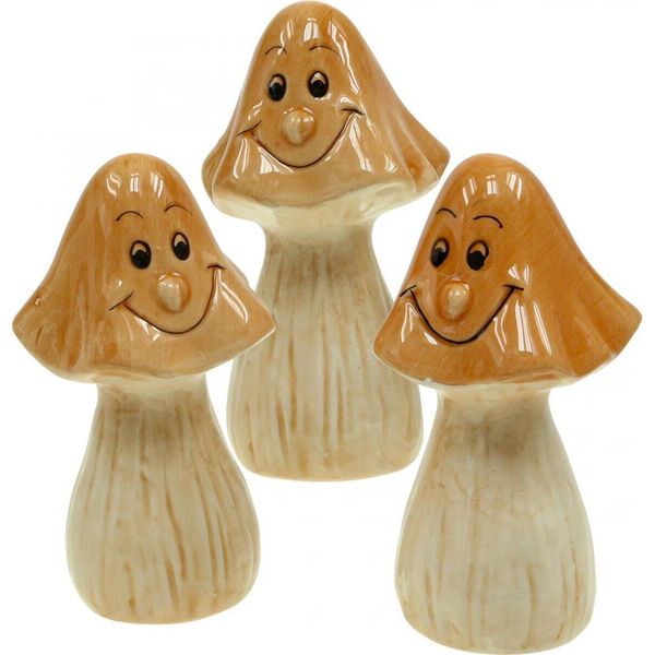 Incantevoli Funghi Decorativi In Ceramica Marrone, Statuette Autunnali Per La Tavola, Set Di 3 Ø6Cm H10,5Cm, 3 Pezzi-image