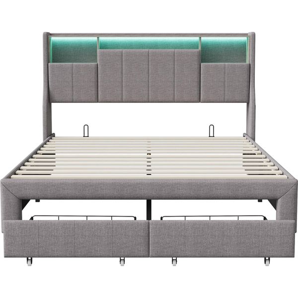Letto Imbottito 140X200 Cm Con Rete A Doghe, Letto Con Contenitore, Letto Matrimoniale Con Testiera Contenitore E Led, Lino, Grigio-image