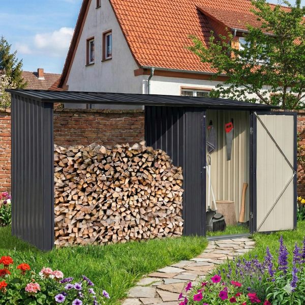 Capanno Per Attrezzi Albatros Profi M - Capanno Per Attrezzi Con Tettoia In Legno Per 2,3 M³ Di Legna, Metallo Zincato In Antracite (Ral 7016) | 266X127X161Cm | Resistente Alle Intemperie-image