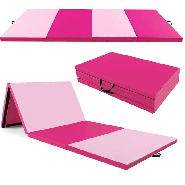 Costway 300X120X5Cm Tappetino Morbido Per Pavimento, Tappetino Da Ginnastica Pieghevole, Tappetino Da Palestra Con Chiusura Per Arrampicata E Maniglie Per Il Trasporto, Tappetino Da Fitness E Yoga, Rosa-image