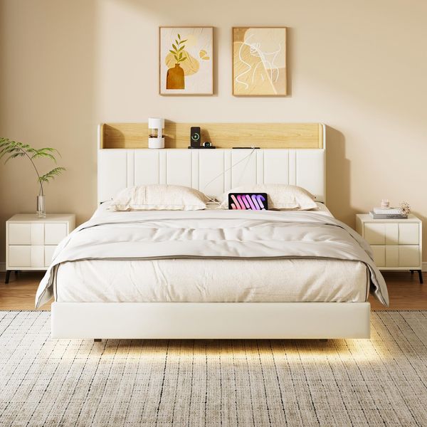 Letto Imbottito Fortuna Lai 140 X 190 Cm, Struttura Letto, Struttura Letto Matrimoniale, Effetto Visivo Fluttuante, Letto Con Illuminazione Led, Testata Alta, Stazione Di Ricarica, Moderno, Bianco-image