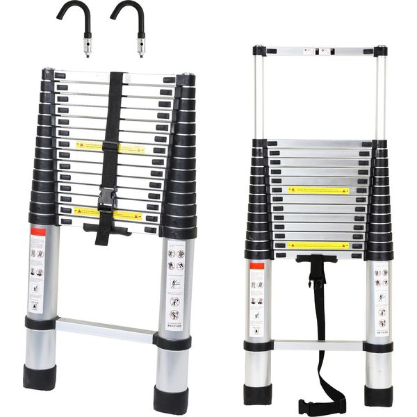 Scala Telescopica In Alluminio Jayseuw Premium Scala Estensibile Scala Pieghevole Altezza 4,4 M Argento Antiscivolo Scala Multiuso Con Ganci Rimovibili-image