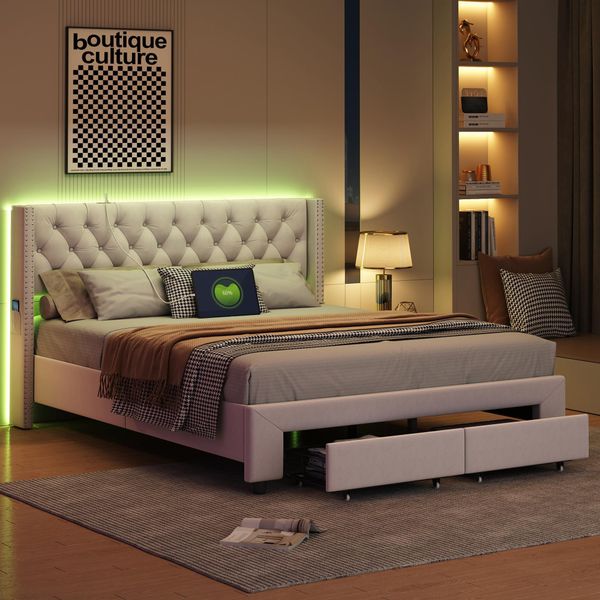 Letto 160 X 200 Cm Con Contenitore E Illuminazione Led, Rete A Doghe, Letto Matrimoniale Imbottito Con Connessione Usb, Velluto, Beige-image