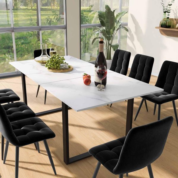 Set Da Pranzo Sweiko, (Set, 140/180×80×75Cm Tavolo Da Pranzo Con 8 Sedie), Set Di Tavolo Da Cucina Moderno, Sedie Da Pranzo In Velluto Nero, Piano Del Tavolo In Mdf In Bianco, Gambe Del Tavolo Nero-image