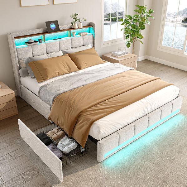 Letto Morbido Proximax 180×200 Cm Con 4 Cassetti, Illuminazione A Led, Connessione Usb E Type-C, Rivestimento In Tessuto Beige, Accogliente Spazio Di Archiviazione-image