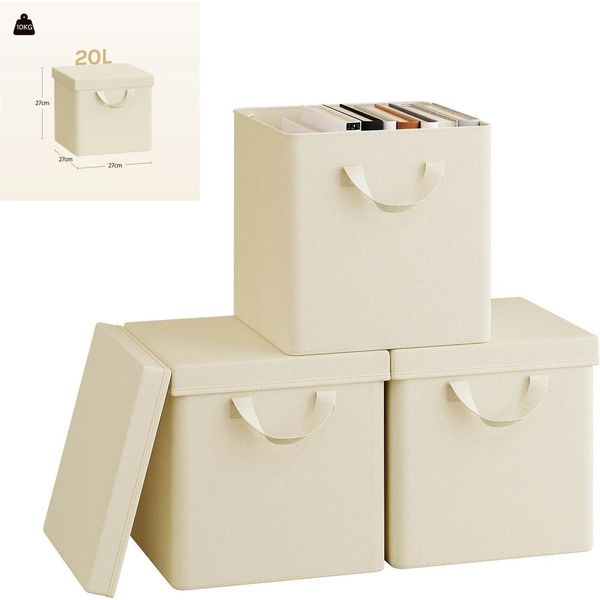 Contenitore Pieghevole - Contenitore Per Vestiti Con Coperchio - Set Da 3 - 20 L - 27 X 27 X 27 Cm - Tessuto Non Tessuto E Telaio In Metallo - Giallo Chiaro-image