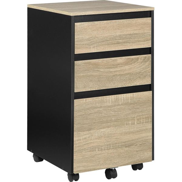 Cartella Mobile - Contenitore A Rotolo - Dimensioni 40 X 70 X 40 Cm - Con 3 Cassetti - Legno Di Pino - Per Cartelle - Rovere Chiaro/Nero-image
