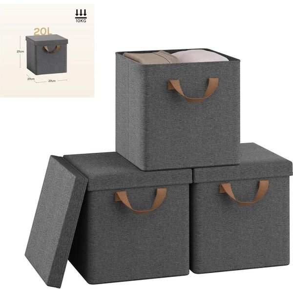 Scatola In Tessuto Con Coperchio - Contenitore Per Abiti - Pieghevole - Non Tessuto - Rettangolare - Confezione Da 3 20 L - Grigio-image