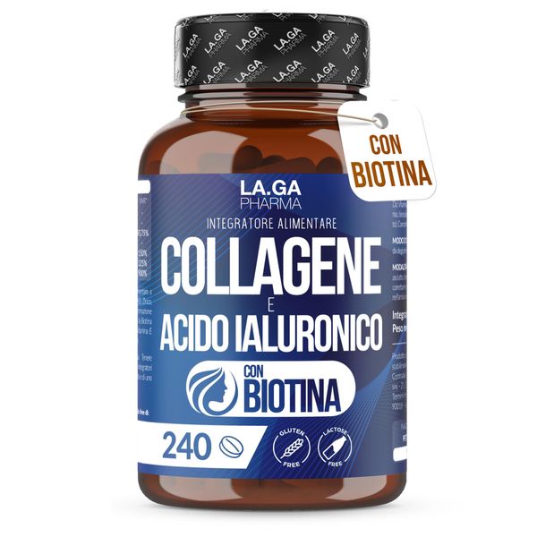Collagene E Acido Ialuronico Con Biotina Per Capelli, Pelle,Unghie E Articolazioni. 240 Compresse 2000 Mg Con Zinco, Coq10 E Vit. C + E. Italy-image