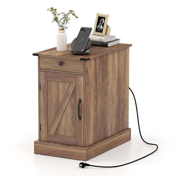 Tavolino Costway, Comodino Con Stazione Di Ricarica, Tavolino Con Piano D'appoggio, Cassetto, Vassoio E Mobiletto, Tavolino Da Divano Con Ripiano, Marrone-image