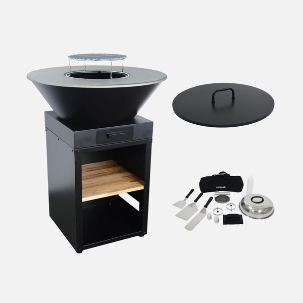Braciere Barbecue Con Griglia Di Cottura, Spazio Di Stoccaggio, Coperchio E Utensili Ø81,5Cm , Nero-image