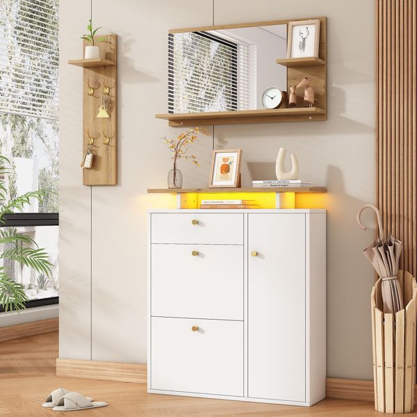 Set Guardaroba Merax 3 Pezzi, Con Specchio, Cappelliera Con 4 Ganci Appendiabiti, Scarpiera Con Illuminazione A Led, Appendiabiti, Mobili Da Ingresso, Naturale+Bianco-image