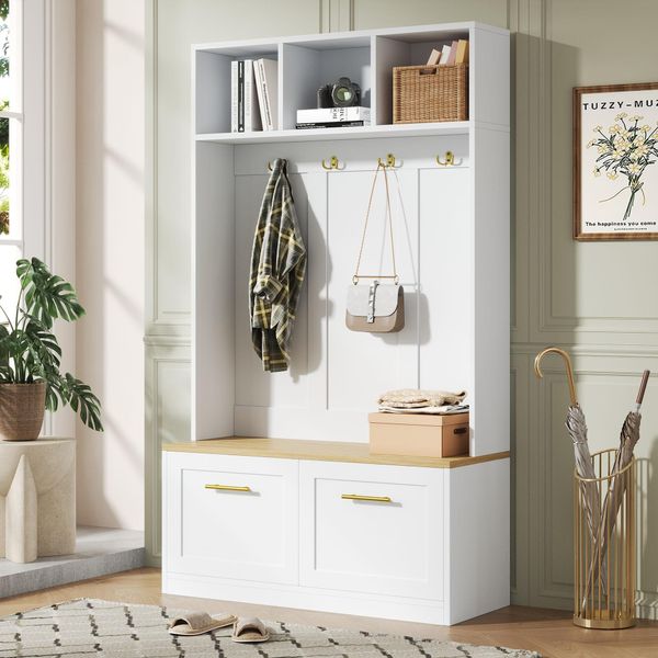 Merax Appendiabiti, Set Guardaroba Con Panca, Spazio Contenitore Aperto E 2 Ante - Guardaroba Compatto Con 4 Ganci, 105 × 40 × 180 Cm, Naturale + Bianco-image