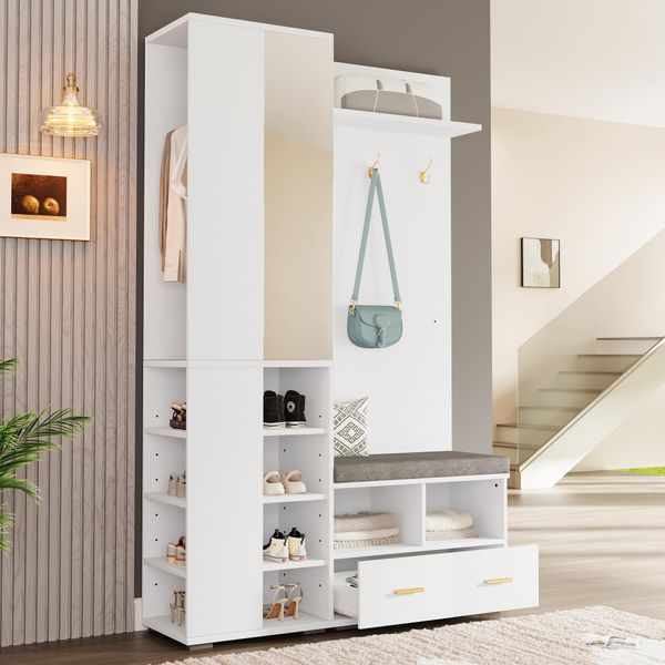 Merax Appendiabiti, Set Guardaroba, Armadio Da Ingresso Con Specchio, Asta Appendiabiti, Panca Porta Scarpe Con Ripiano, 3 Ganci, 2 Cassetti E Vano Portaoggetti, Bianco-image