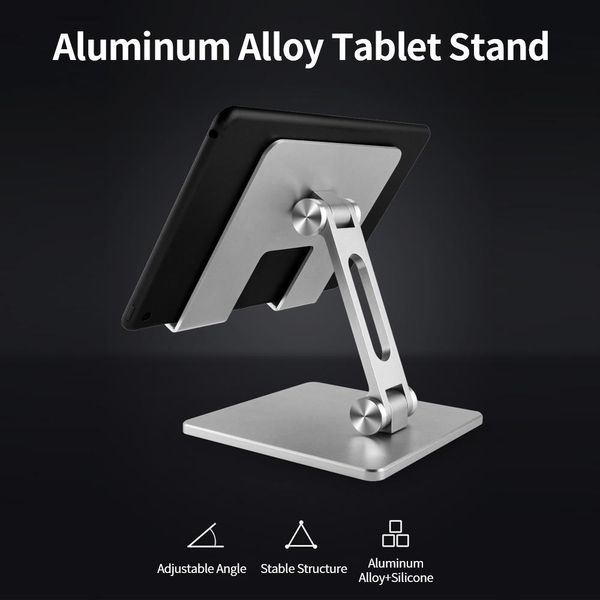 Supporto Regolabile Per Cellulare/Tablet In Lega Di Alluminio, Supporto Pieghevole Portatile Con Base In Silicone Antiscivolo E Stabile, Grigio-image