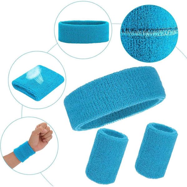 Jumada's - Set Di Fasce Antisudore - Fascia Per La Fronte + 2 Braccialetti - Blu - Blu Acqua - Blu Chiaro-image