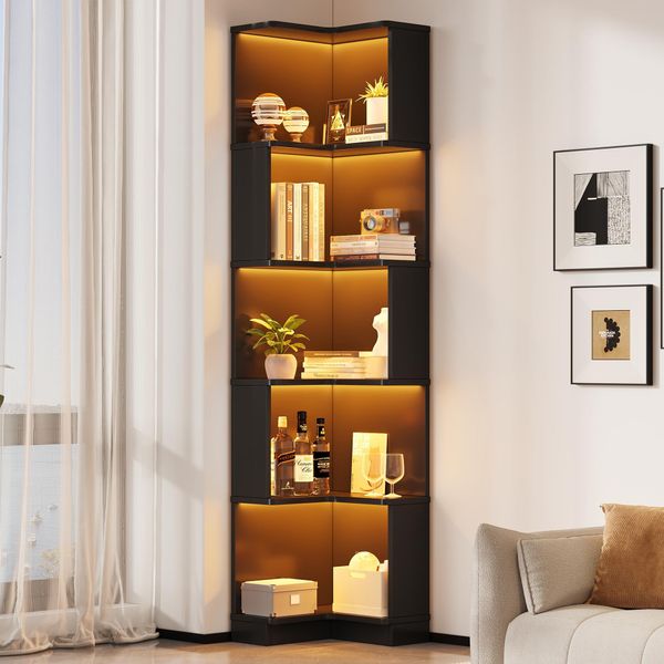 Libreria Angolare Fliek Con Striscia Led, 63,5X45X175 Cm, Libreria Scaffale Da Magazzino A 5 Ripiani, Espositore Multifunzionale, Nero-image