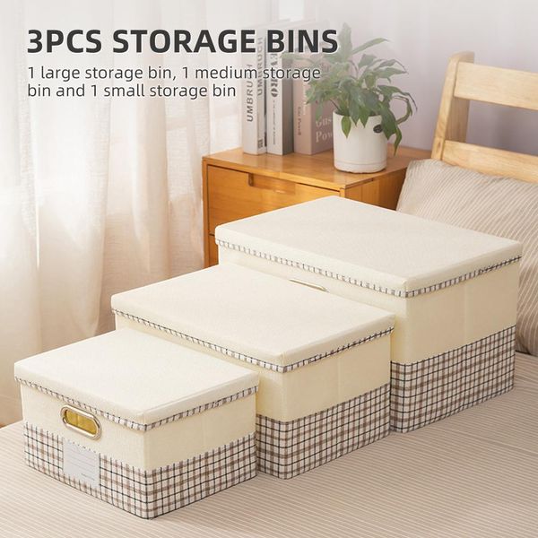 3 Contenitori Con Coperchio, Scatole Pieghevoli In Cotone E Lino, Organizer Pieghevole Per Armadio, Copertura Per Casa, Camera Da Letto, B-image