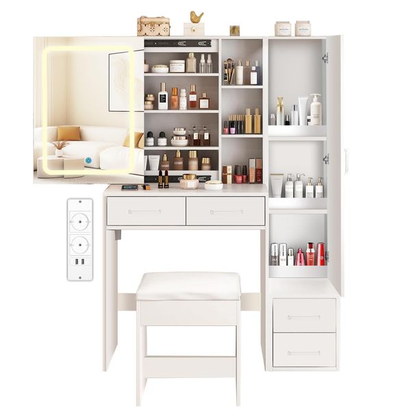 Aiorber Tavolo Da Trucco Con Specchio Led, Presa Di Corrente E Usb, Supporto Per Asciugacapelli, 4 Cassetti, Armadio Alto A Destra, Ripiani Aperti, Sgabello, Dimmerabile, 3 Modalità Di Illuminazione Bianca-image