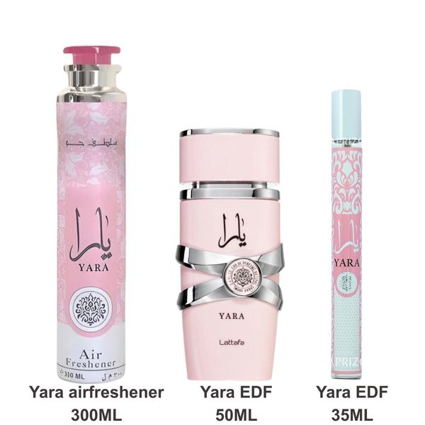 Set Yara 3 Pezzi: Yara Eau De Parfum Natural Spray 50 Ml Unisex Aprizo+Lattafa Yara 300 Ml Air Freshner+Yara 35 Ml Eau De Parfum -Aprizo-image