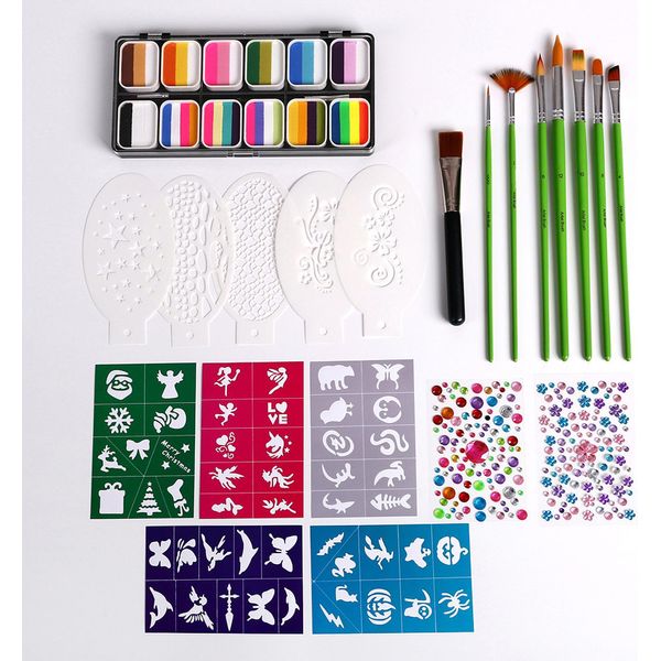 Set Di Tavolozze Di Colori Ad Acquerello, Colori Per Dipingere, Torta Professionale Per Il Viso Con 8 Pennelli + 10 Stencil + 2 Adesivi, Sicura E Atossica, Acquerellabile-image