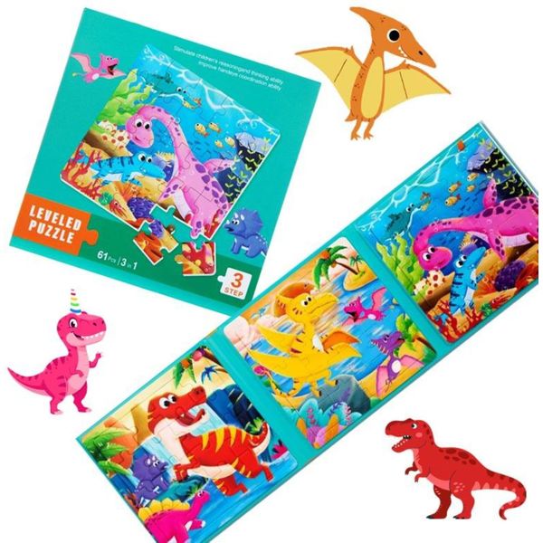 Habarri | Puzzle Magnetici - Veicoli Da Costruzione - Motivo Dinosauri - Livello 3 - Puzzle Magnetici Da 3 Anni - Gioco Magnetico - Gioco Da Viaggio-image