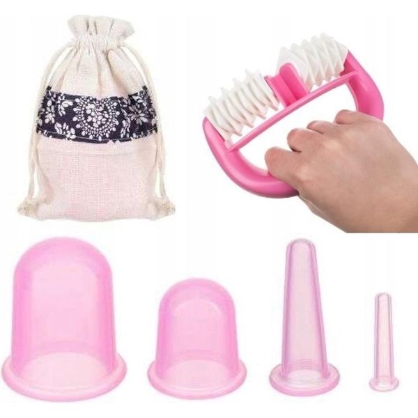 Jumada's - Coppette Per Massaggio - Set Da 4 - Spazzola Per Massaggio Inclusa - Migliora La Circolazione Sanguigna - Tonifica La Pelle - Anticellulite - Silicone - Rosa-image