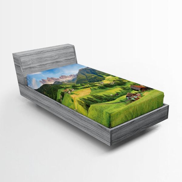 Abakuhaus Lenzuolo Con Angoli Naturale, Alpi In Primavera Con Erba Fresca, Cielo E Maestose Montagne, Immagine Artistica, 140 X 200 Cm, Verde Blu-image