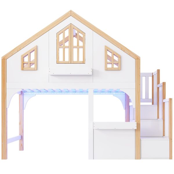 Letto A Castello, Letto A Soppalco, Lettino Per Bambini, Letto In Legno, Letto A Forma Di Casetta 90X200 Cm Con Led E Scaletta Con Contenitore, Forma Finestra-image