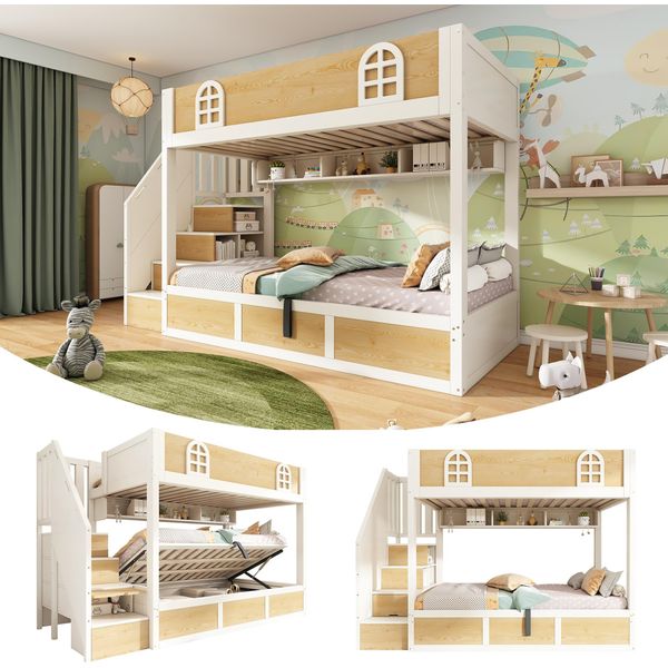 Letto A Castello Per Bambini 90X200 Cm Con Armadio A Scala E Spazio Contenitore, Letto A Castello Bianco E Naturale Con Ringhiera Di Sicurezza E Rete A Doghe, Senza Materasso-image