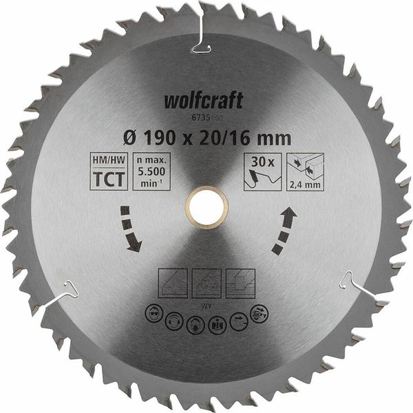 Wolfcraft 6735000 Lama Circolare In Metallo Duro 190 X 16 Mm Numero Di Denti: 30 1 Pz.-image